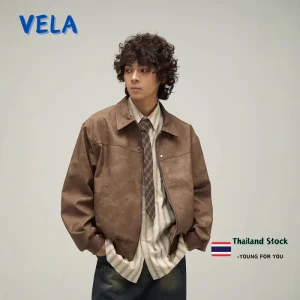 Vela-เสื้อJacket เสื้อแจ็คเก็ต สีน้ําตาลหนังผู้ชาย American Retro แขนยาว วินเทจ