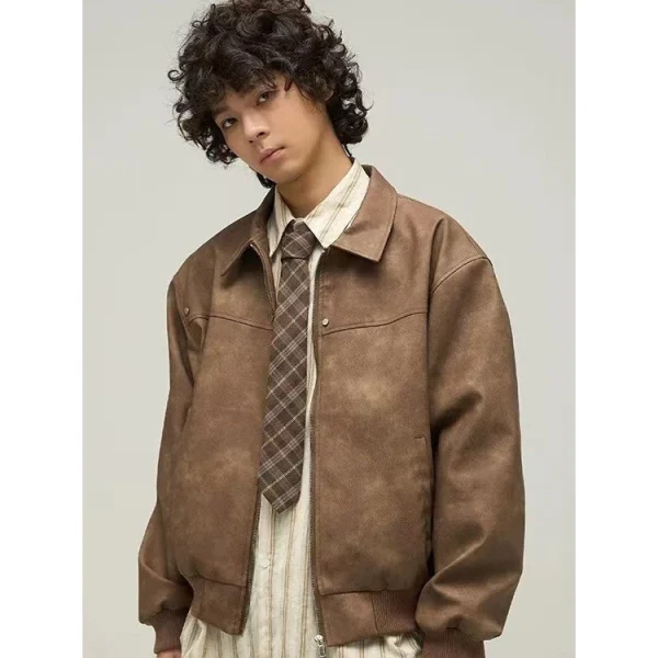 Vela-เสื้อJacket เสื้อแจ็คเก็ต สีน้ําตาลหนังผู้ชาย American Retro แขนยาว วินเทจ - Image 3